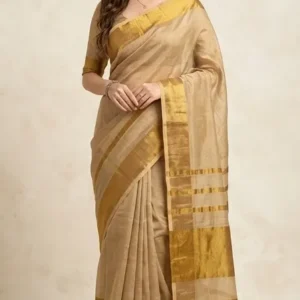 Authentic Handwoven Saurth Pure Cotton Saree with Zari Pallu & Tassels