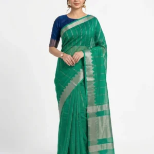 Emerald Green Handloom Mangalgiri Silk Cotton Saree with Metallic Silver Zari Border