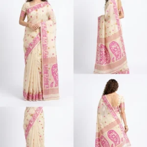 Cream & Pink Floral Printed Saree with Ornamental Border and Pallu