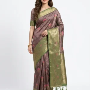 Brown & Olive Green Floral Zari Border Saree