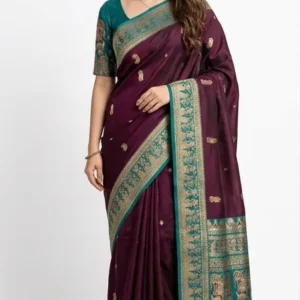 Women's Traditional Wine Maroon & Teal Saree with Gold-Tone Traditional Motifs | Festive & Wedding Wear Saree