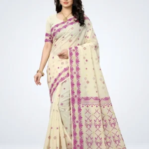 Women’s Cream & Magenta Traditional Woven Saree with Decorative Border