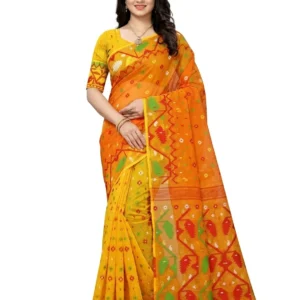 Women’s Yellow & Orange Traditional Floral Geometric Printed Saree with Designer Pallu