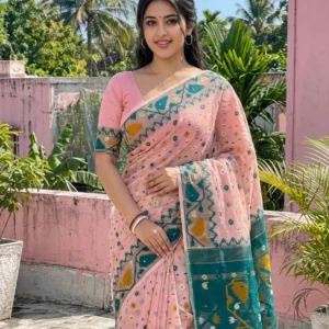 Women’s Pink Printed Saree with Teal & Mustard Ethnic Motifs